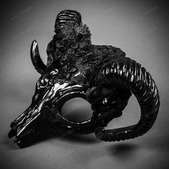 Antelope Devil Ram Horn Skull Ghost Masquerade Mask - Black - Picture 6 of 9